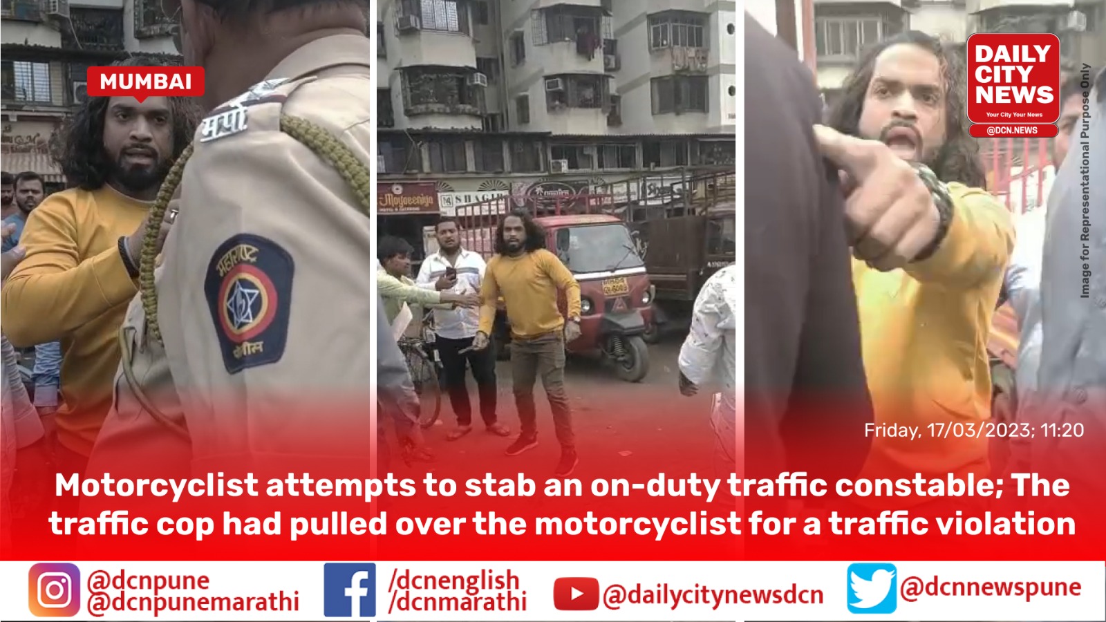 Motorcyclist attempts to stab an on-duty traffic constable; The traffic cop had pulled over the motorcyclist for a traffic violation