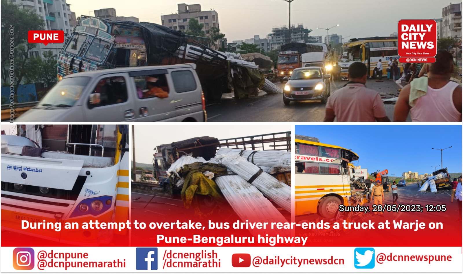 During an attempt to overtake, bus driver rear-ends a truck at Warje on Pune-Bengaluru highway