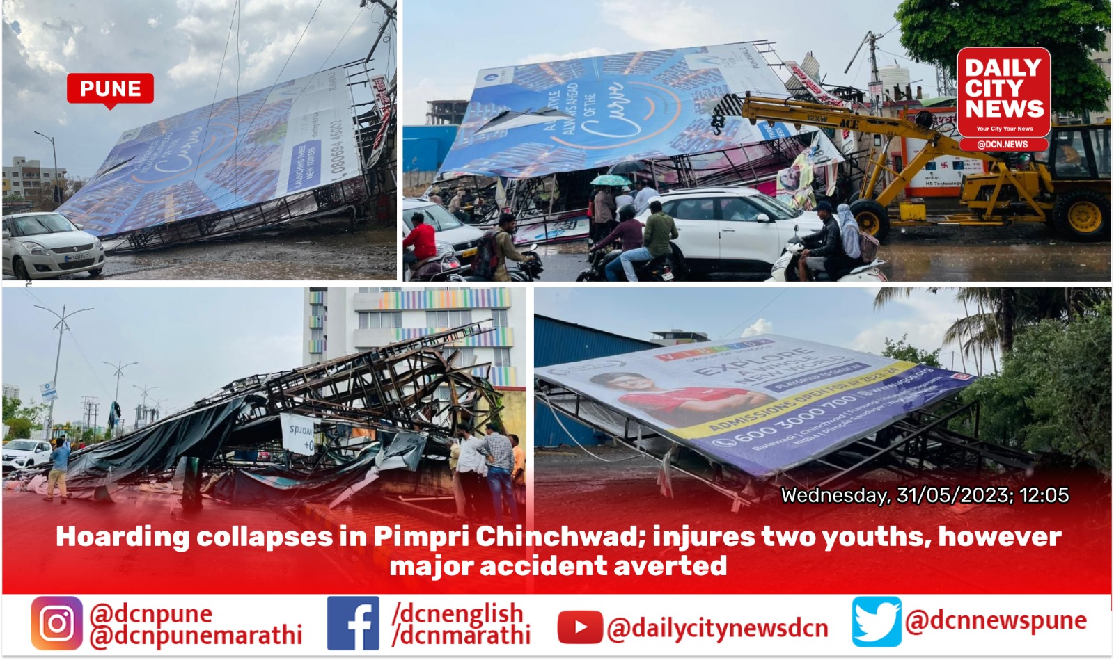 Hoarding collapses in Pimpri Chinchwad; injures two youths, however major accident averted