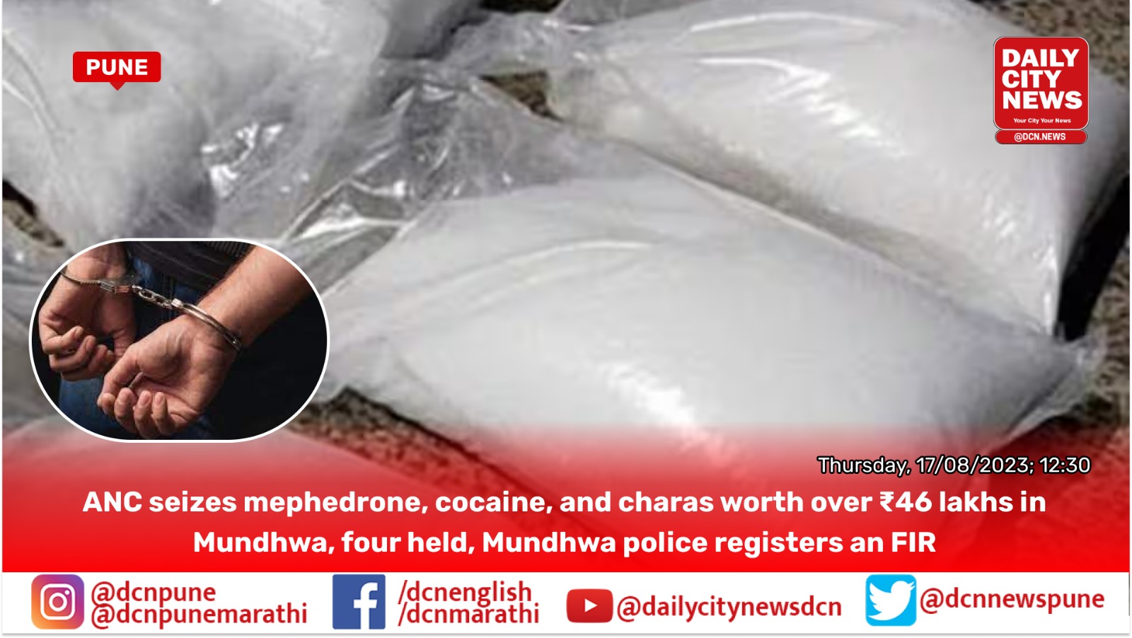 ANC seizes mephedrone, cocaine, and charas worth over ₹46 lakhs in Mundhwa, four held, Mundhwa police registers an FIR 